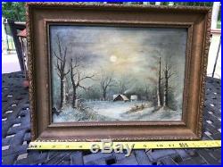 Antique Oil Painting Cottage Winter Wooded Scene