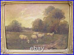 Antique Oil Painting Livestock Pasture Landscape Flock of Sheep or Lambs Grazing
