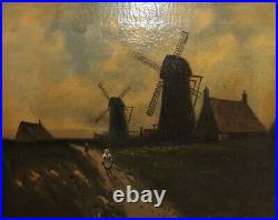 Antique Oil Painting Oil On Canvass European Flemish Windmill Scene H. Lewis