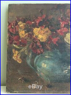 Antique Oil on Canvas Still Life Painting Jug Flowers Signed Small 30x23cm p18
