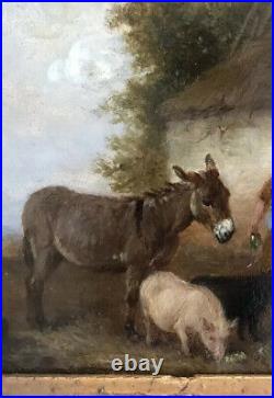 Antique Original Oil Painting On Canvas Farm Cow Donkey 1800s Small PAIR