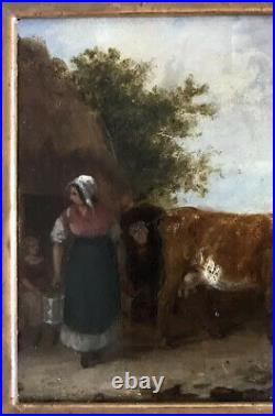 Antique Original Oil Painting On Canvas Farm Cow Donkey 1800s Small PAIR