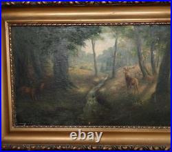 Antique Painting Oil On Canvas Forest Deers Wood Frame Watercourse Rare Old 19th