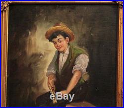 Antique Painting Original Oil Canvas Woodshed Boy Vintage 19th Century 1800's