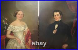 Antique Pair Of American Early 19thC Portrait Oil Painting O/C Husband & Wife
