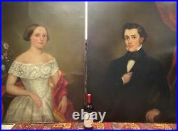 Antique Pair Of American Early 19thC Portrait Oil Painting O/C Husband & Wife