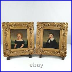 Antique Pair Of Naive Portraits Of A Girl And Boy (Children) Oil On Canvas