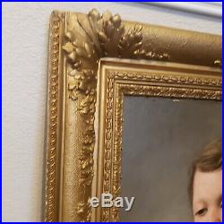 Antique Portrait Boy Canvas Painting Gold Ornate Gesso Wood Frame 1882