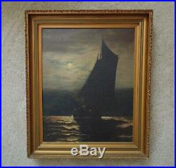 Antique Portrait Painting Ship Sailing in Moonlight Oil on Canvas Nautical