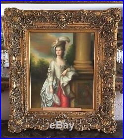 Antique Style Oil Painting Portrait of a Beautiful 18th C. Woman Large Frame
