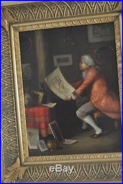 Antique Style Oil on Canvas Interior Scene of an man admiring art