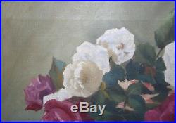 Antique Very Old Victorian French School Oil Painting on Canvas Still Life Roses