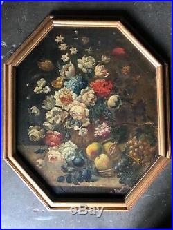 Antique Victorian Floral Painting Oil Fruit Roses Grapes Bouquet Signed 19th C