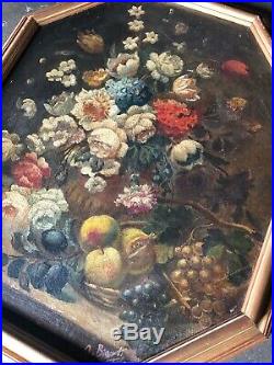 Antique Victorian Floral Painting Oil Fruit Roses Grapes Bouquet Signed 19th C