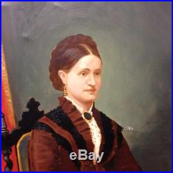 Antique Victorian Portrait Of A Lady Oil On Canvas In Need Of Restoration