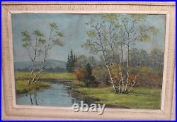 Antique impressionist oil painting forest river landscape signed
