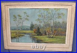 Antique impressionist oil painting forest river landscape signed