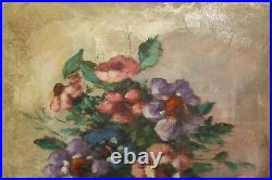 Antique realist oil painting still life vase with flowers signed