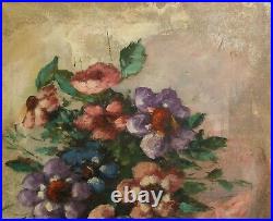 Antique realist oil painting still life vase with flowers signed
