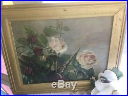 Antique vintage Victorian blush pink & garnet red roses oil on canvas framed