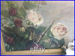 Antique vintage Victorian blush pink & garnet red roses oil on canvas framed