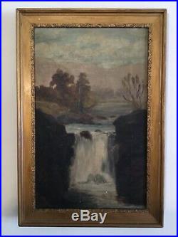 Antique vintage gilt framed very old original oil painting Warerfall on canvas