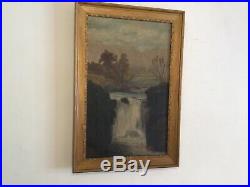 Antique vintage gilt framed very old original oil painting Warerfall on canvas