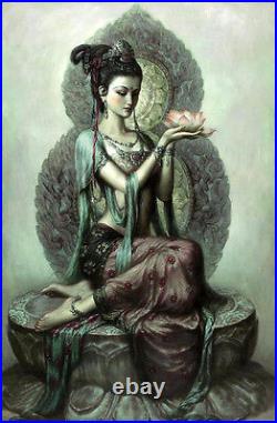 Art Oil painting Avalokitesvara Guanyin holding a lotus flowers canvas 36