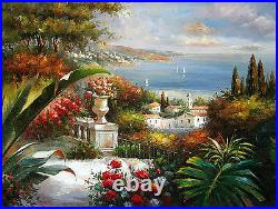 Art Oil painting Beautiful Mediterranean sea landscape with flowers canvas