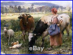 Art Oil painting Julien Dupre Working on the Farm woman & cows sheep ducks 36