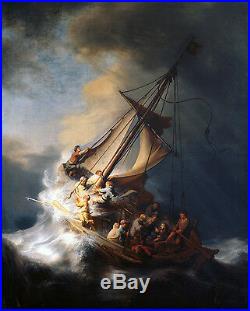 Art Oil painting Rembrandt Christ on sail boat with huge ocean waves storm