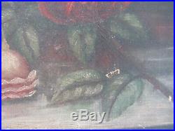 BIG 24 Antique Victorian Oil Painting Country Folk Art Still LIfe Roses Floral