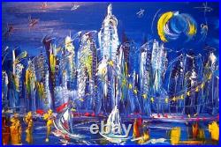BLUE CITY IMPASTO ARTWORK painting GREAT GIFT Modern Original Oil Abstract