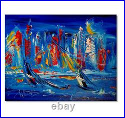 BLUE CITY Mark Kazav Abstract Modern CANVAS Original Oil Painting J8YU6