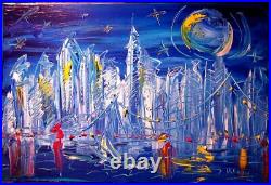 BLUE CITY Mark Kazav Abstract Modern CANVAS Original Oil Painting W5HRT