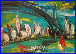 BROOKLYN BRIDGE PAINTING SIGNED Abstract Modern CANVAS Original 2E34F5