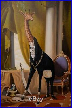 Baroque / Surrealist Antique  Oil Painting of Giraffe in large gilt frame