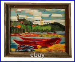 Bateaux, 24x20, Oil Painting Signed Boats Blue Red, Tommy Thompson Inspire
