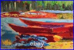 Bateaux, 24x20, Oil Painting Signed Boats Blue Red, Tommy Thompson Inspire