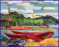 Bateaux, 24x20, Oil Painting Signed Boats Blue Red, Tommy Thompson Inspired