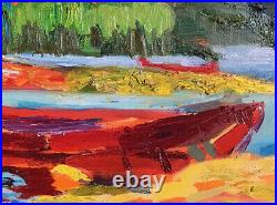 Bateaux, 24x20, Oil Painting Signed Boats Blue Red, Tommy Thompson Inspired