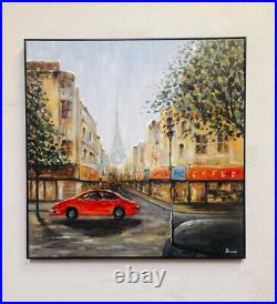 Beautiful 3-D Canvas Oil Painting Marmade Cafe Crossing the Red Car Eiffel Town