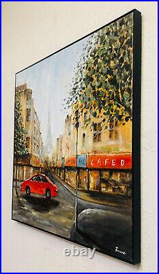 Beautiful 3-D Canvas Oil Painting Marmade Cafe Crossing the Red Car Eiffel Town