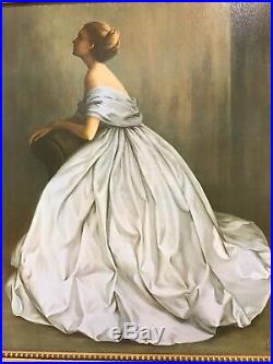 Beautiful vintage 1969 mid century Elegant young woman oil painting Framed Repr