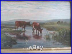 Big Antique 30 Original Oil Painting COWS Country Folk Art FARM BARN RIVER