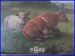 Big Antique 30 Original Oil Painting COWS Country Folk Art FARM BARN RIVER