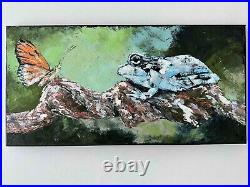 Butterfly Original Oil Painting Frog Animal Nature Impressionism Collectible Art