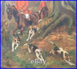 C1930 Original Framed CANVAS OIL PAINTING Fox Hunt Horses Dogs Signed T. Kimpel