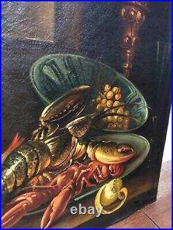 C19th Antique Still Life Oil On Canvas Lobster Art Painting