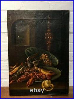 C19th Antique Still Life Oil On Canvas Lobster Art Painting